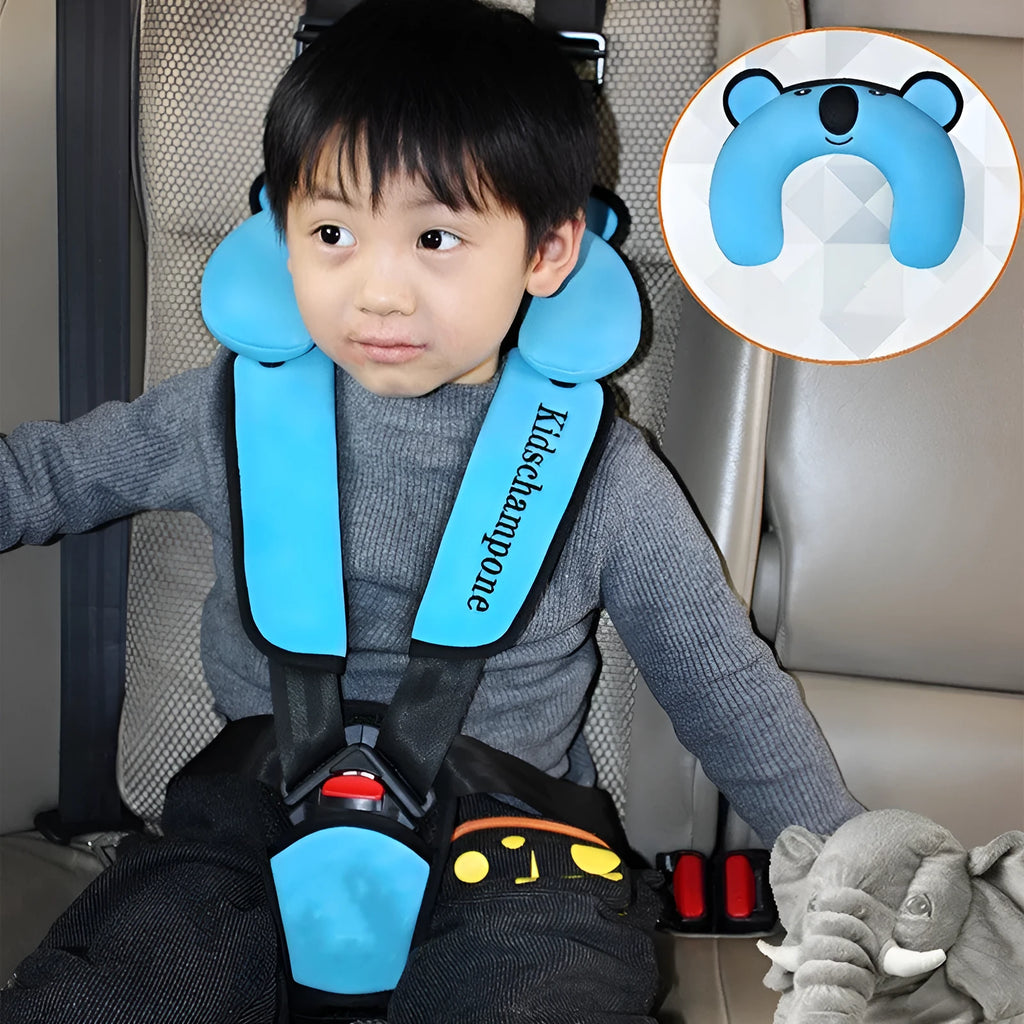 Portable child seat belt retainer in rose pink measuring 33x22x9.5cm for children 12-36kg