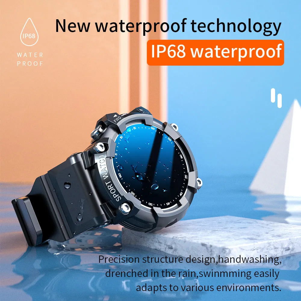 IP67 waterproof smartwatch with round screen on TPU strap in black, white, or pink