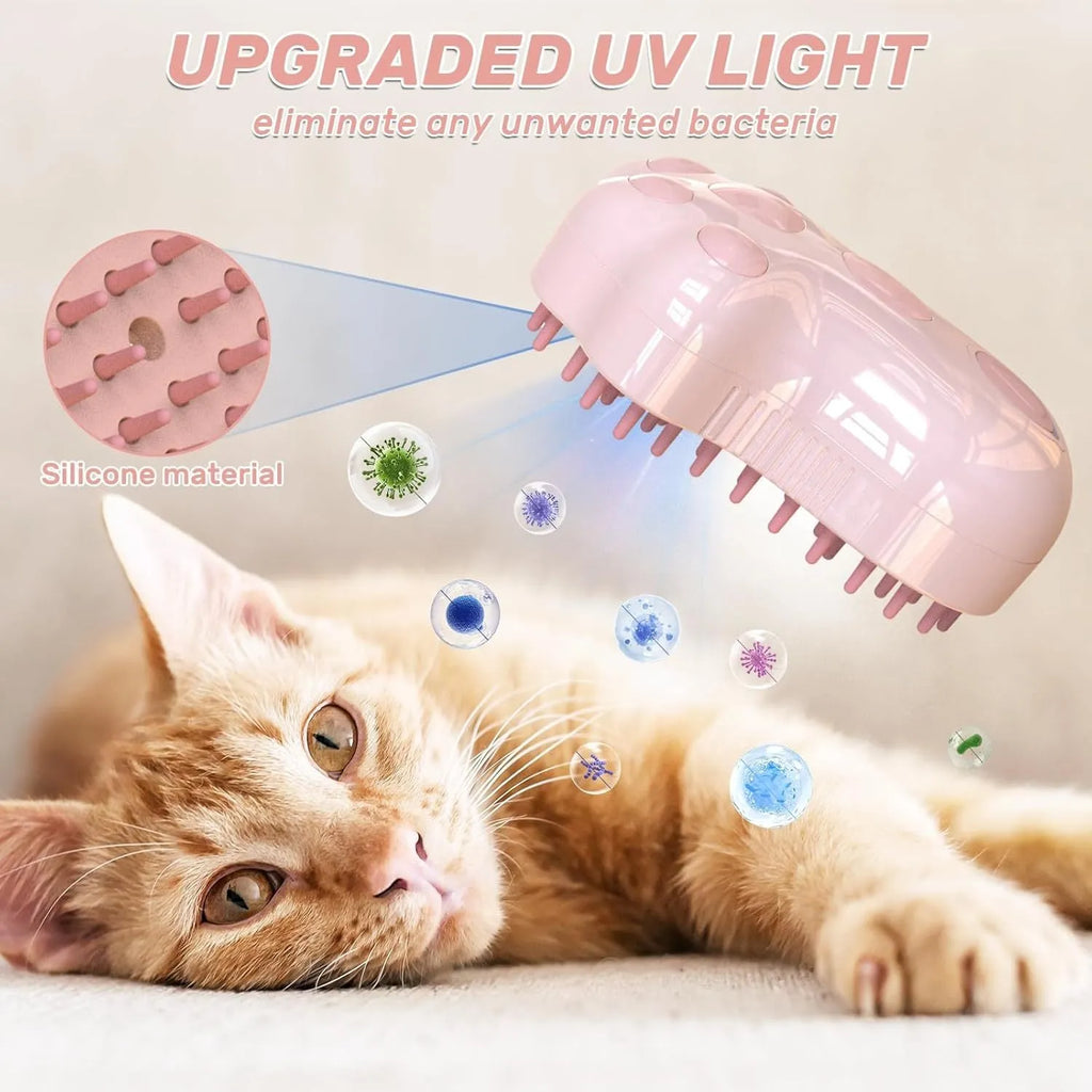 Blue self-cleaning cat steam brush with silicone massage head and water spray function.