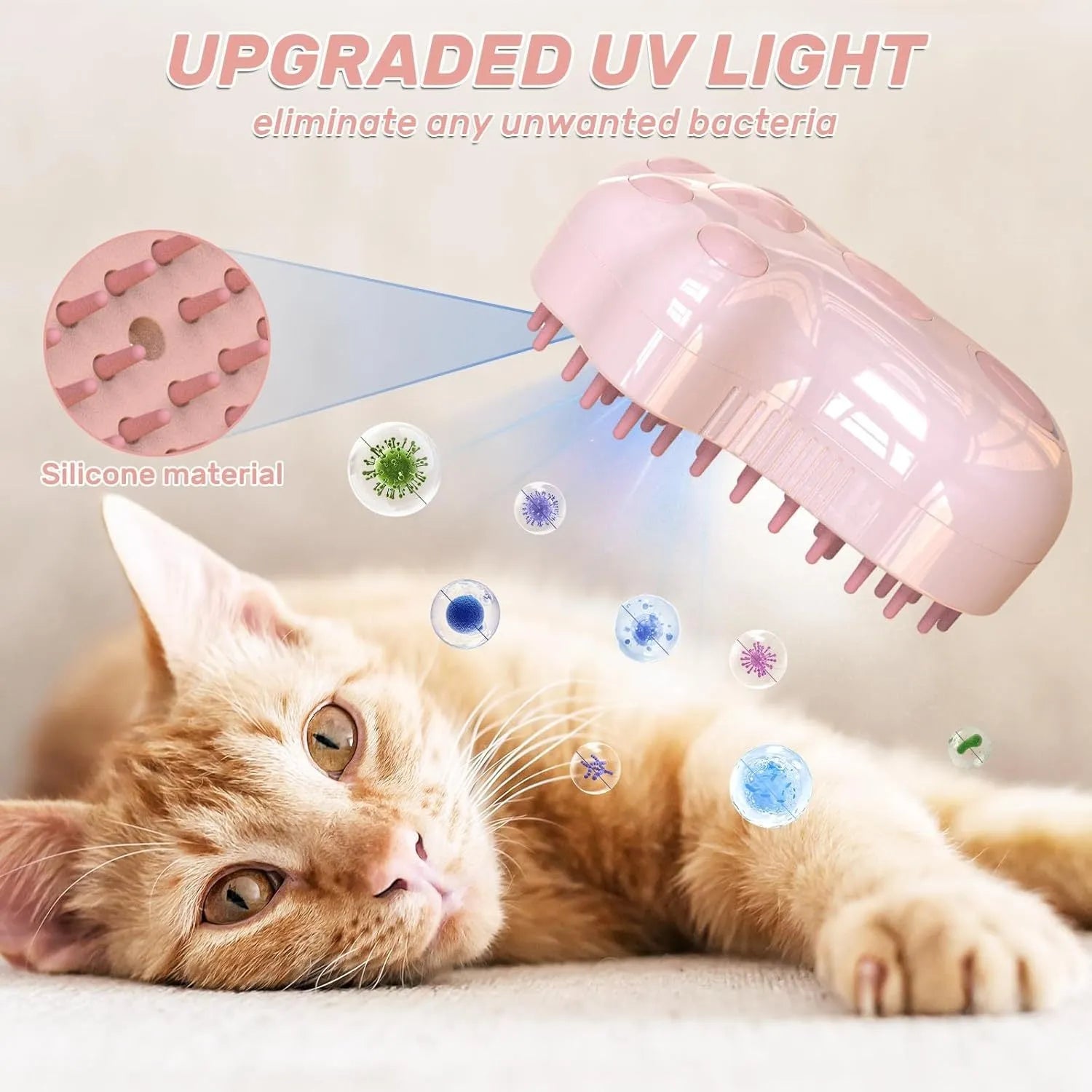 Blue self-cleaning cat steam brush with silicone massage head and water spray function.
