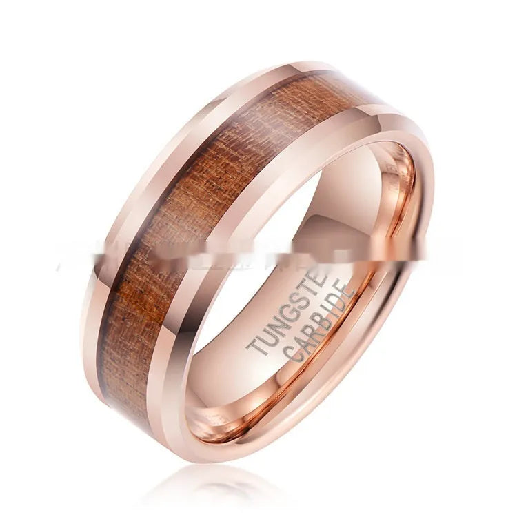 Ugyen tungsten ring with wood and leather inlay showing 8mm width and U-shaped profile