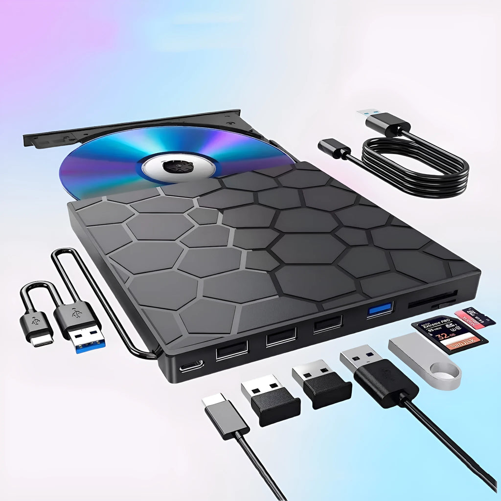 Black external USB CD drive and writer with compact rectangular design for laptops and desktop computers