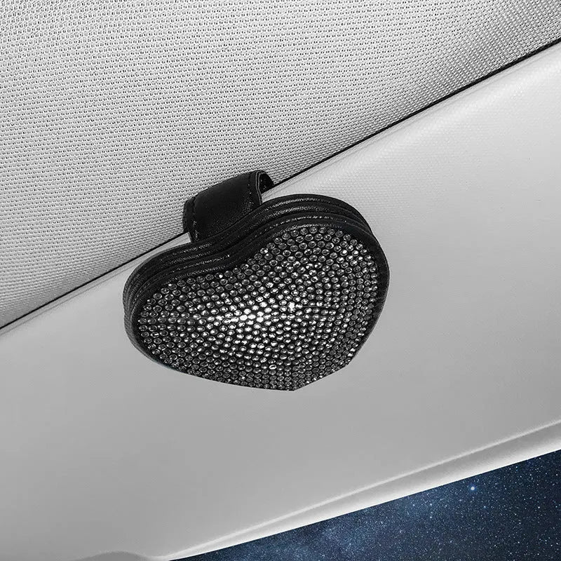 Diamond-encrusted PU leather car sun visor clip with magnetic closure for glasses and document storage