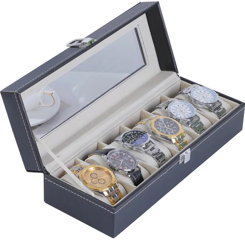 Grey high-grade leather watch storage box with a clear see-through lid showing internal compartments.