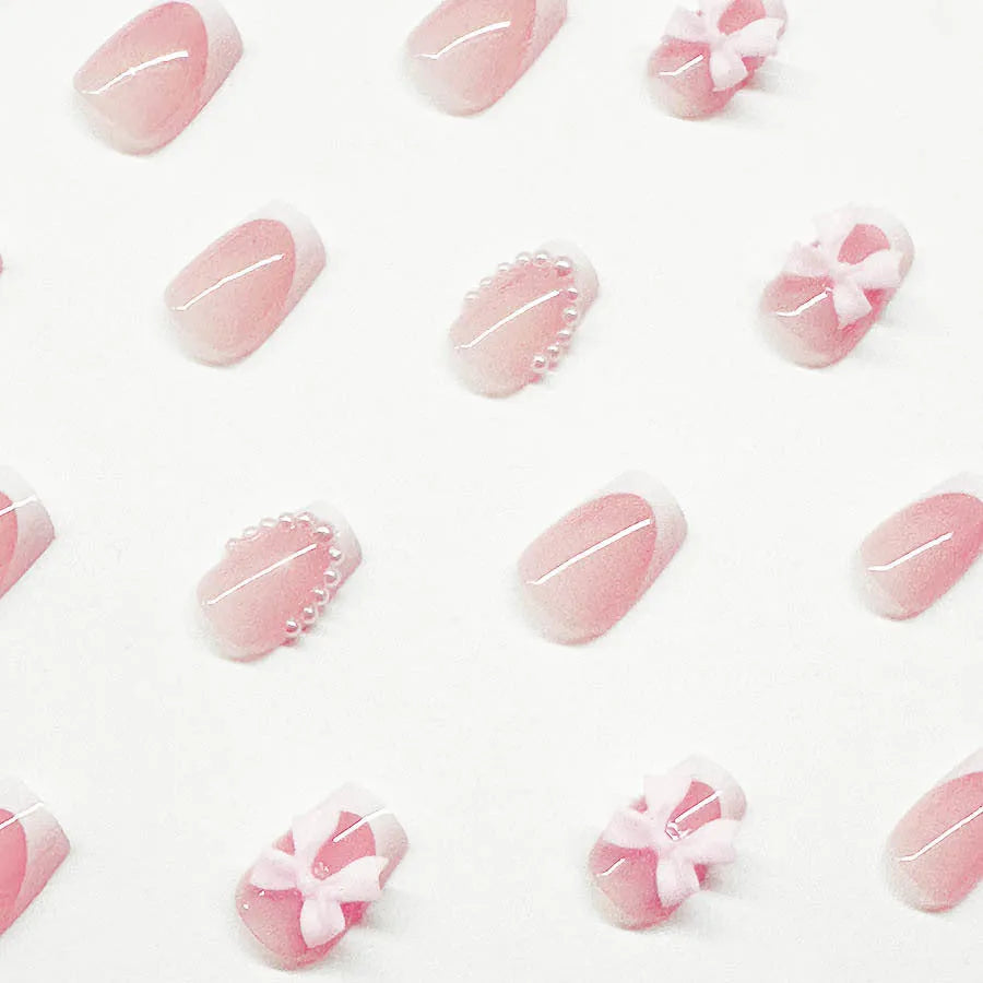 Short French manicure nail art set with multiple patterns including tulip, bow, starry sky and leopard print designs
