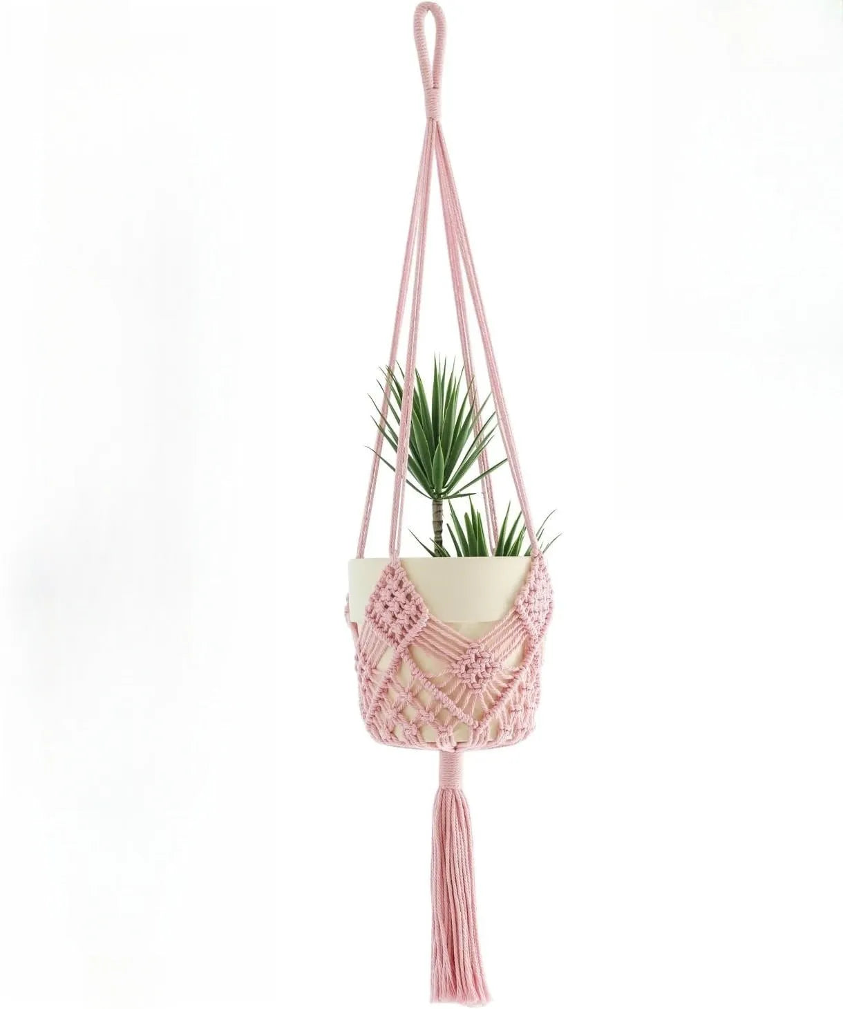 Hand-woven cotton polyester flower pot net with extension cord in a choice of seven colours.