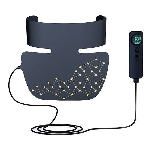 Black LED photon therapy face mask with neck treatment capability and adjustable settings
