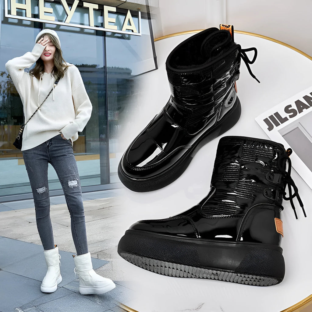 Women's ankle boots flat-bottomed thick-soled artificial PU black velvet cotton lining low heel