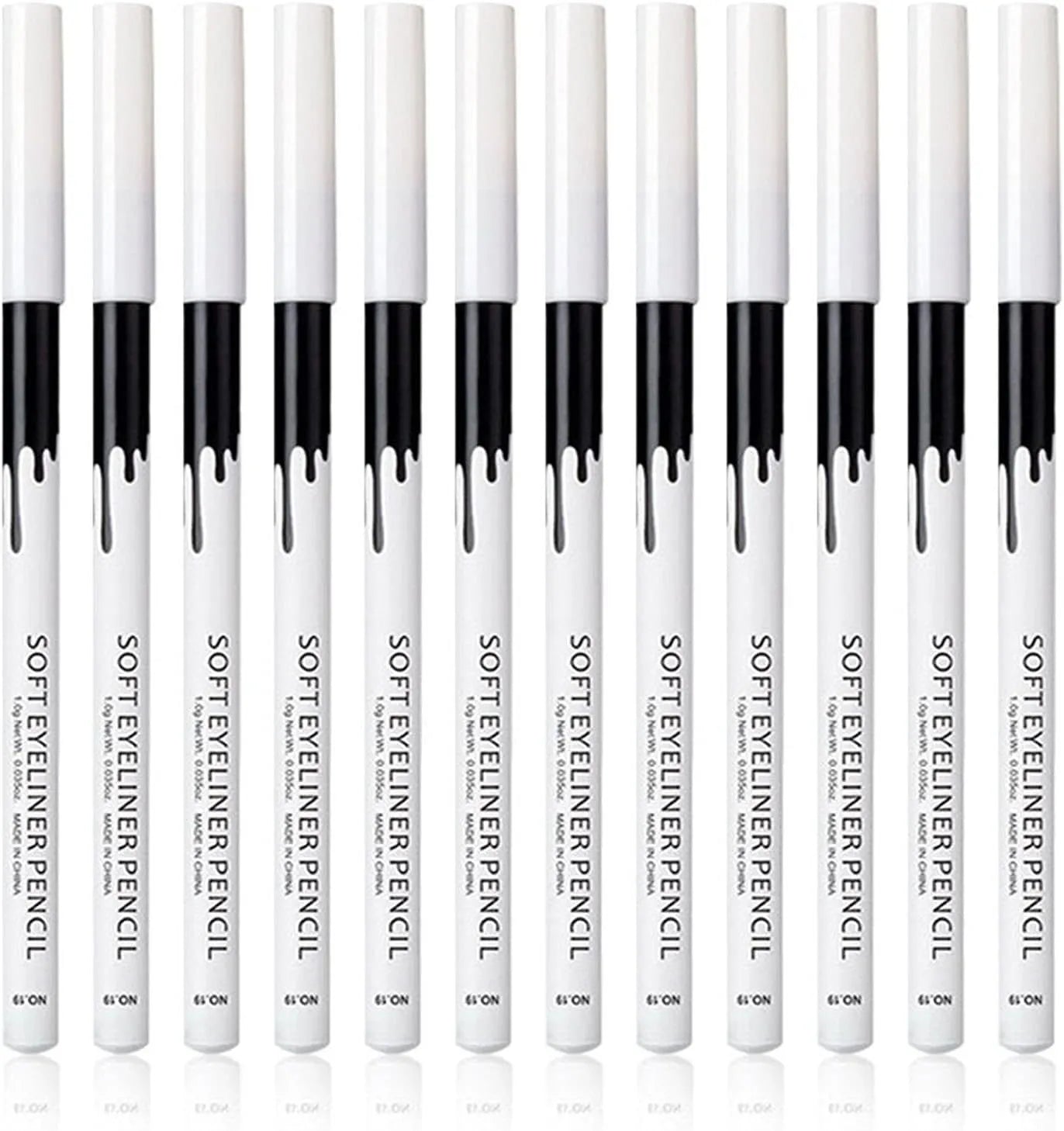 12 white and black waterproof eyeliner pencils with a sharpener arranged on a white background.