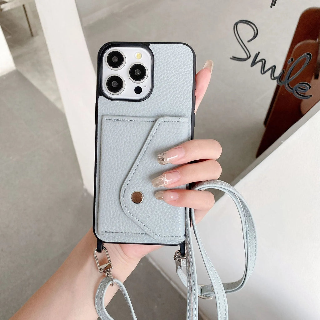 Lychee pattern crossbody phone case with card holder in Brown for iPhone 14