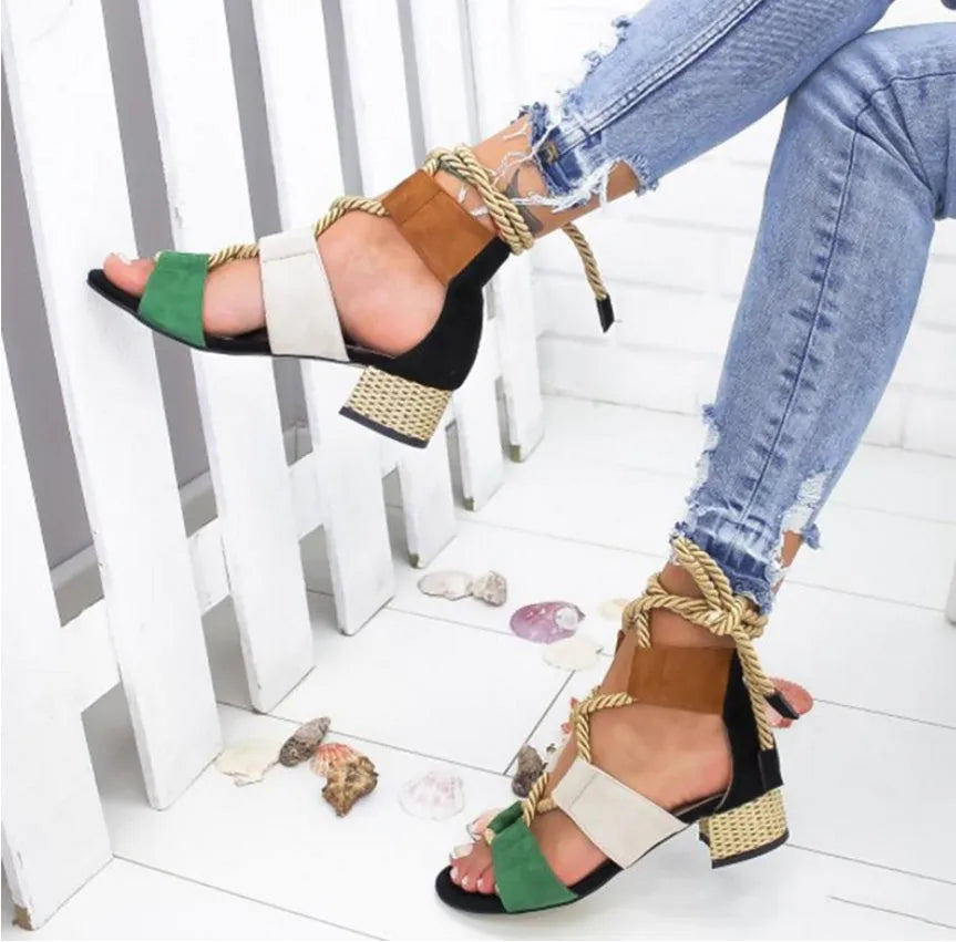 Women's colour-matched suede sandals with ankle strap and 3-5cm thick heel.