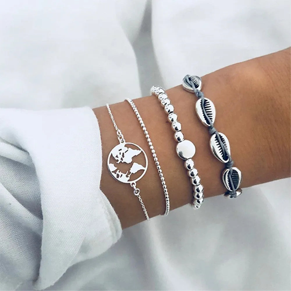 Bohemian bracelet set with alloy vintage bead and boho charm design in bow love style for women