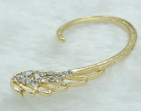 Feather clip-on punk stud earrings in gold and silver teardrop shape for women