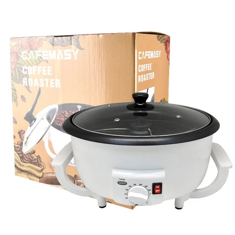 White oblate coffee roasting machine with 225mm pot for 750g bean capacity
