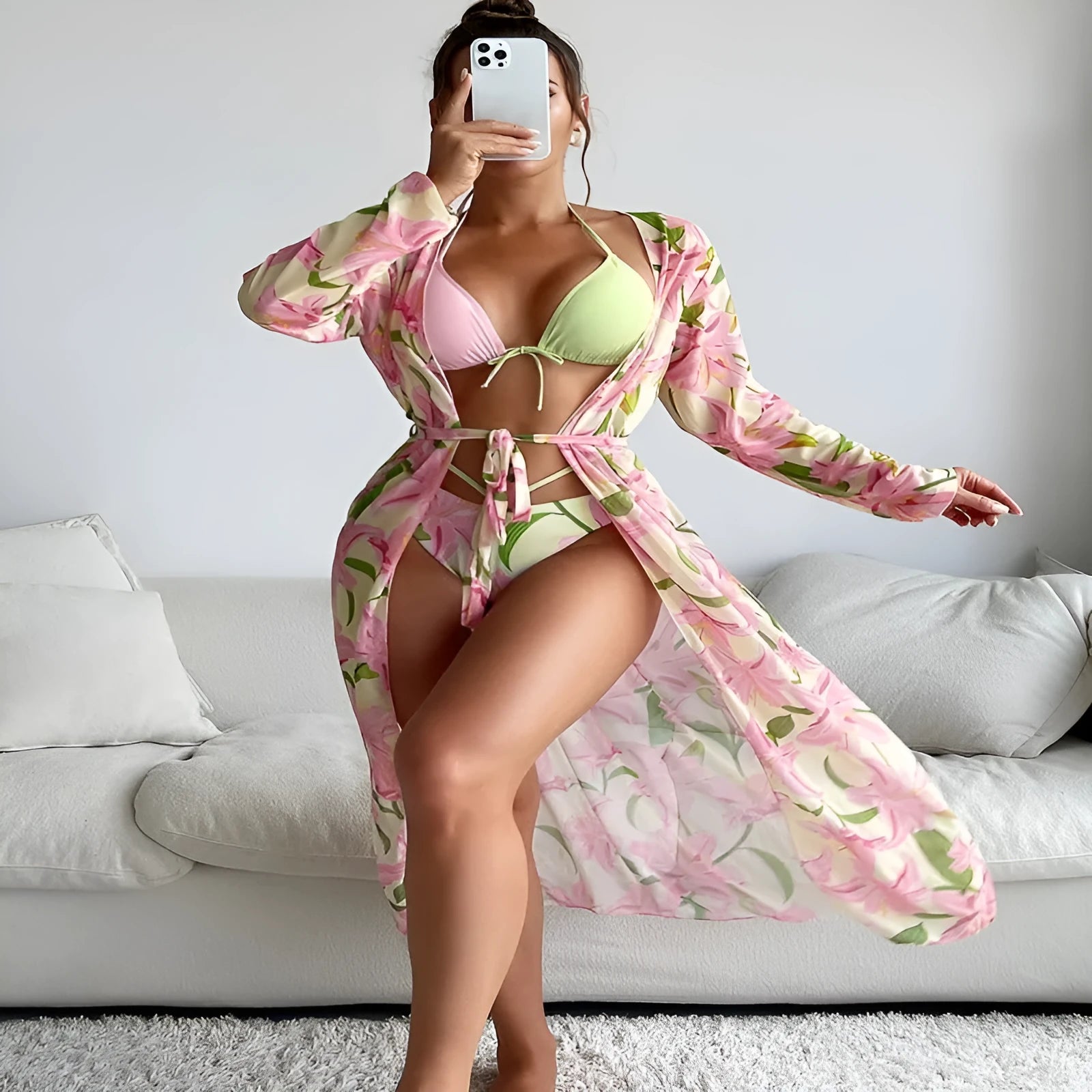 Women's printed bikini swimsuit in European and American style, quick-dry polyester fabric.
