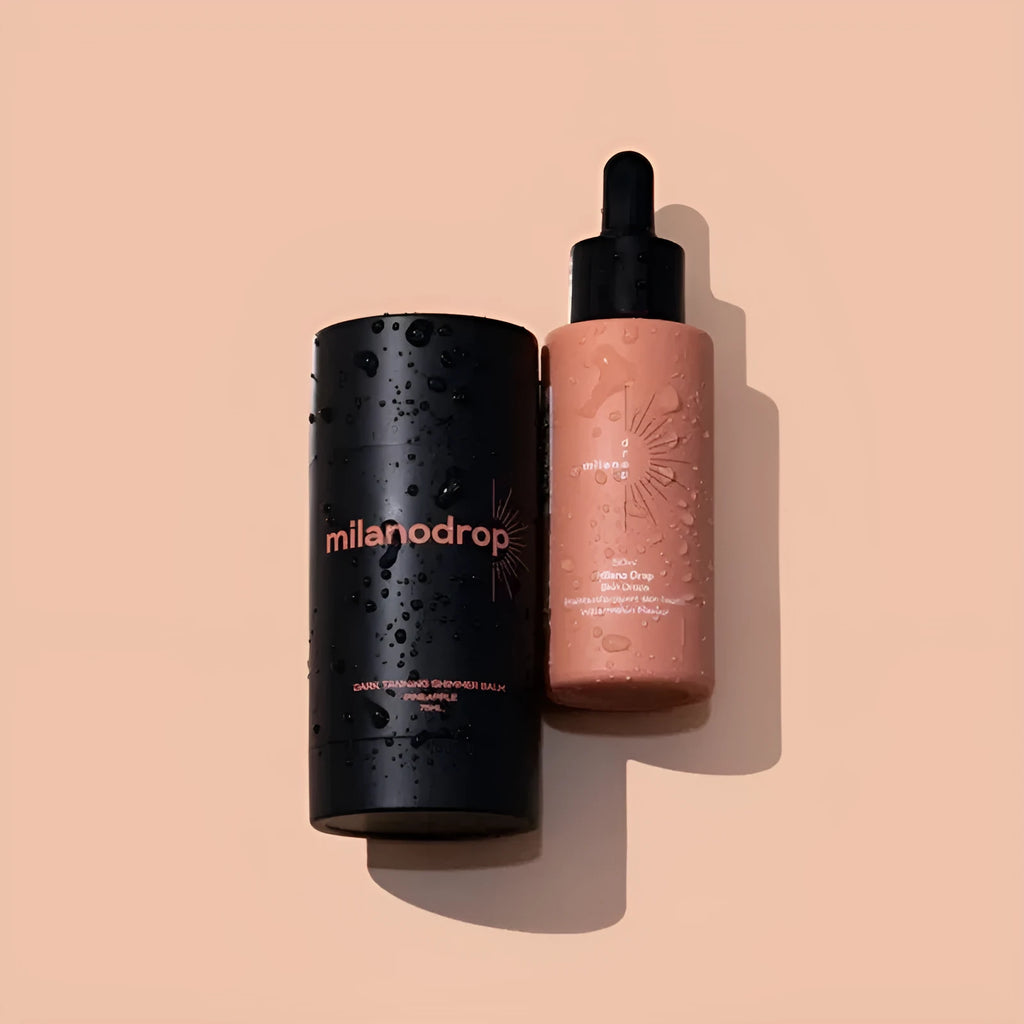 Black matte sun tanning liquid set showing 50ml tanning drops bottle and 75ml tanning flash cream bottle.
