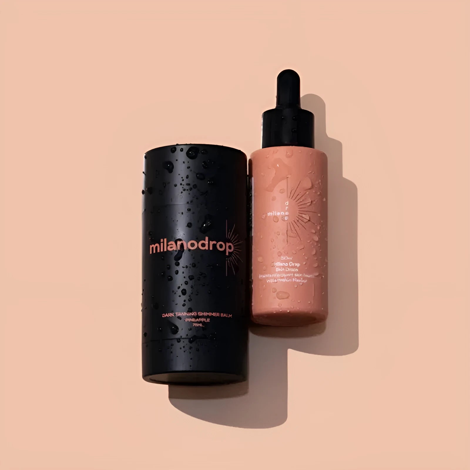 Black matte sun tanning liquid set showing 50ml tanning drops bottle and 75ml tanning flash cream bottle.