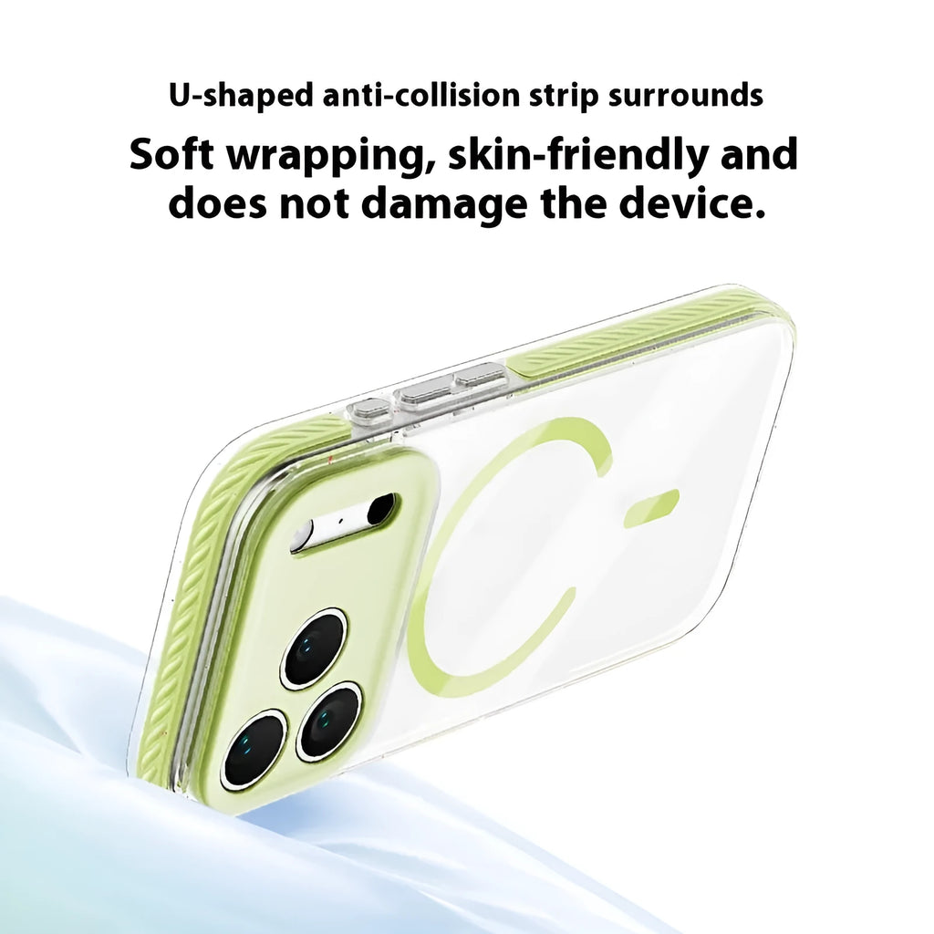 Three-in-one drop-resistant transparent protective case for iPhone with magnetic suction, in candy green colour, showing TPU bumper and PC back