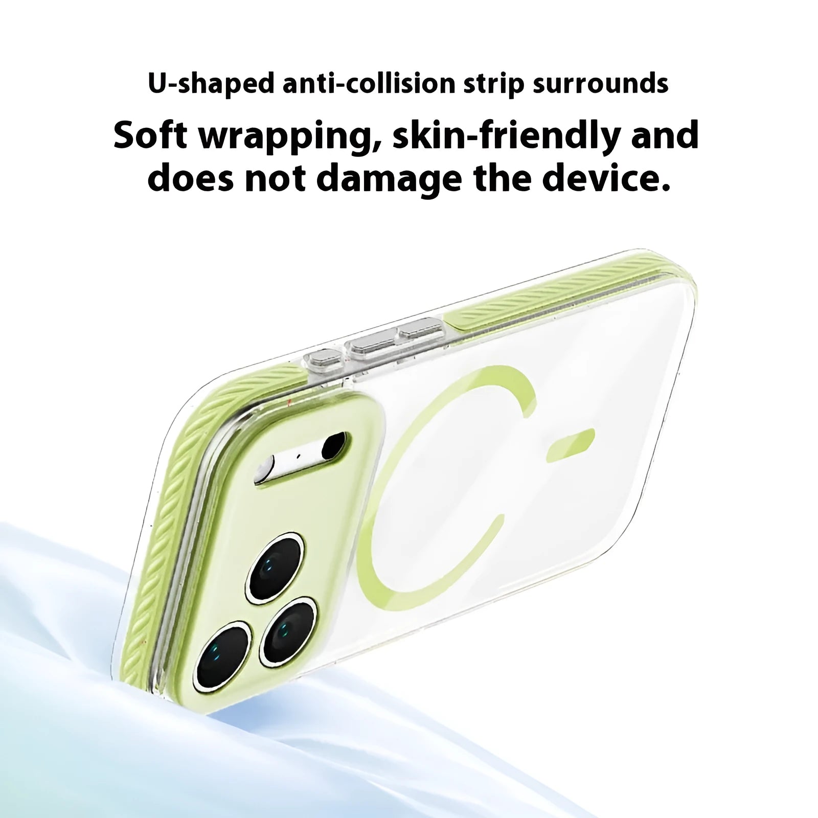 Three-in-one drop-resistant transparent protective case for iPhone with magnetic suction, in candy green colour, showing TPU bumper and PC back