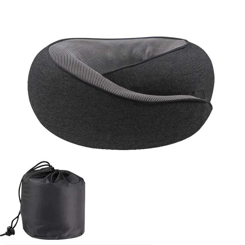 Dark Grey U-shaped memory foam travel neck pillow with storage bag.