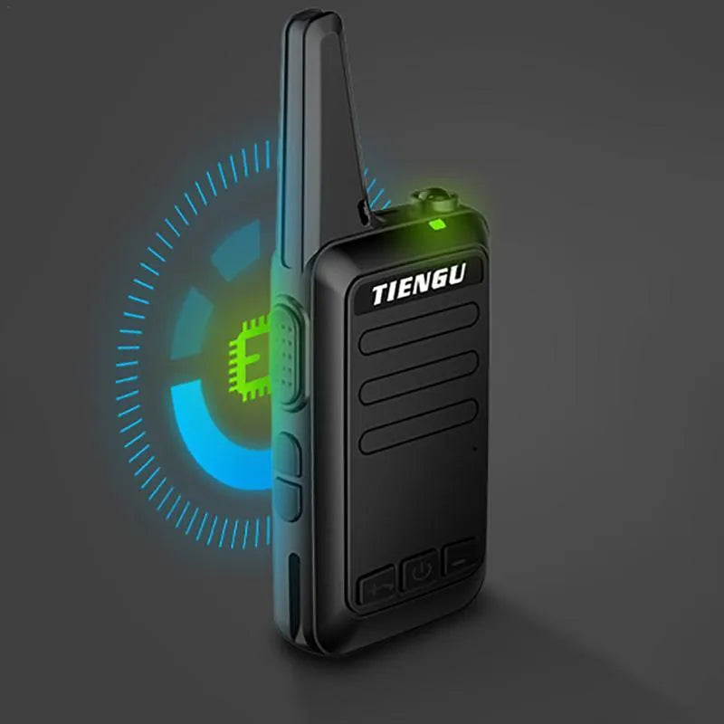 TIENGU Wireless Handheld Radio Intercom in black, showing LED flashlight and back clip on solid background