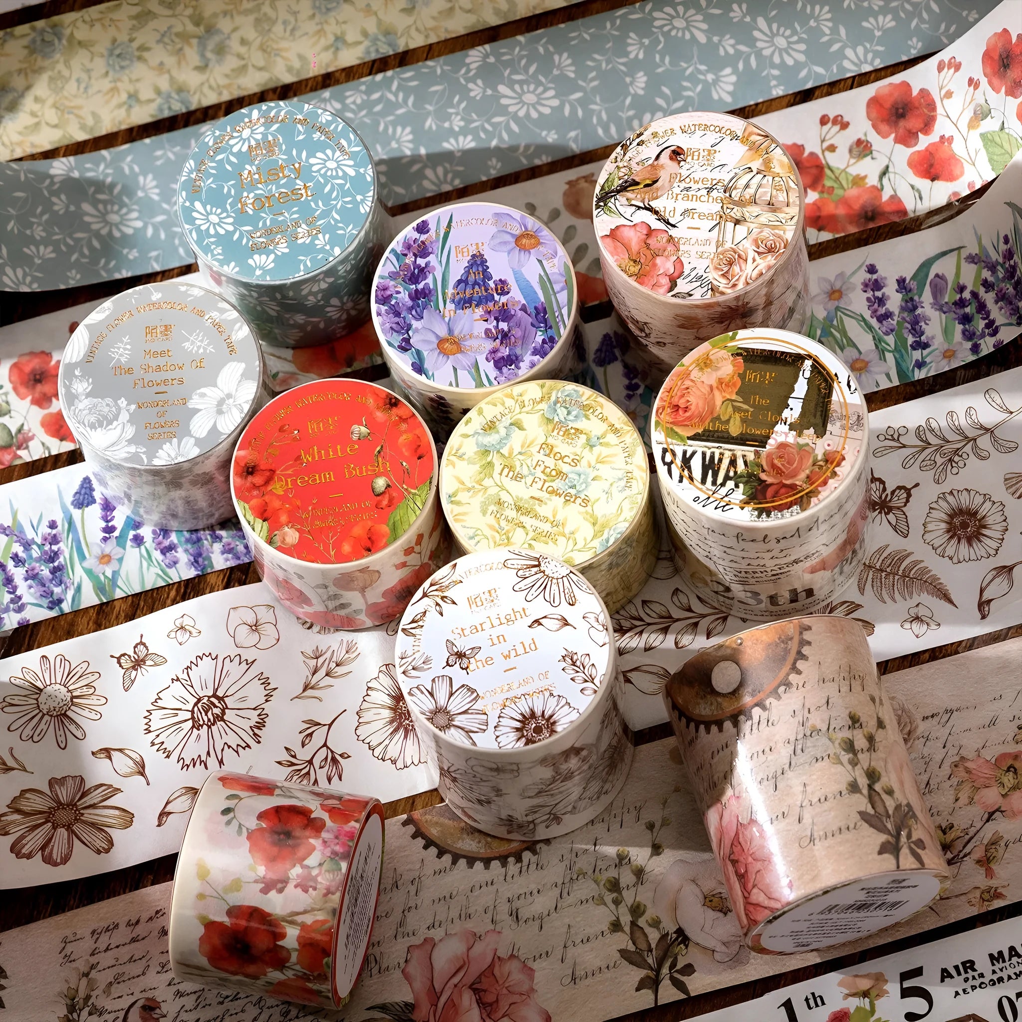 Roll of vintage floral watercolour design tape on a Japanese paper base, showing 30mm and 50mm width options.