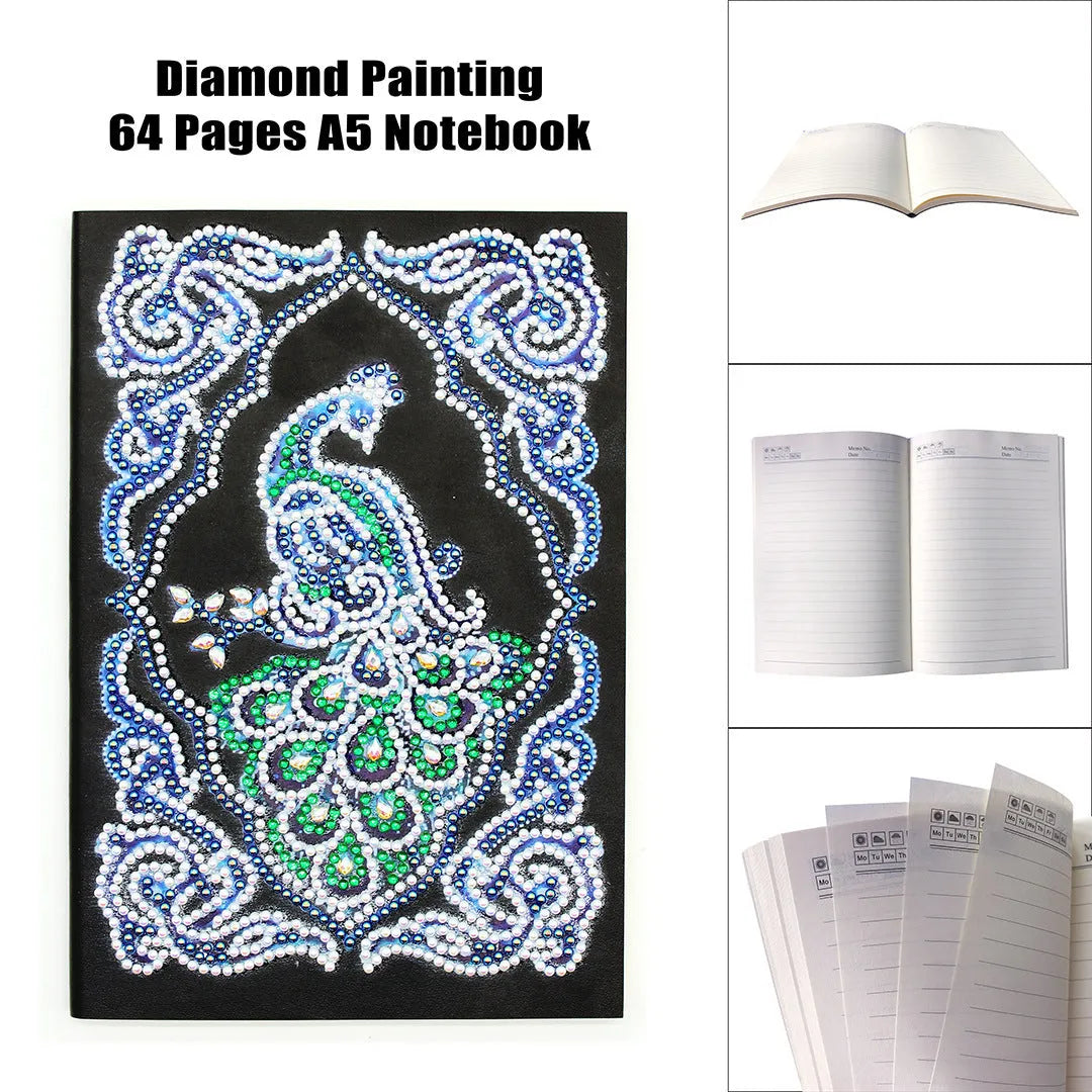 A5 black diamond painting notebook with peacock design using shaped and bright drill techniques