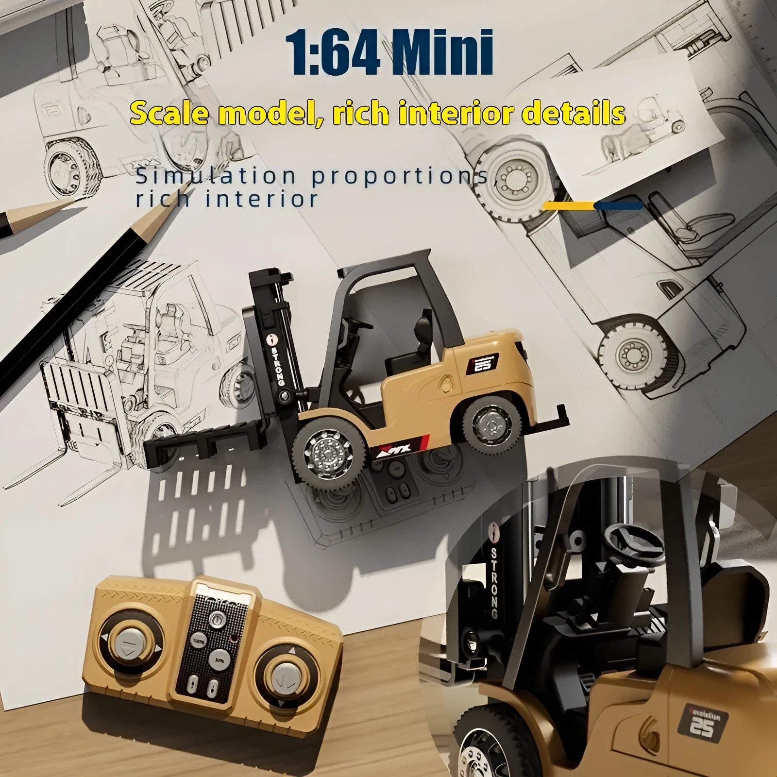 1:64 scale alloy remote control forklift engineering model with cargo forks and wooden pallet