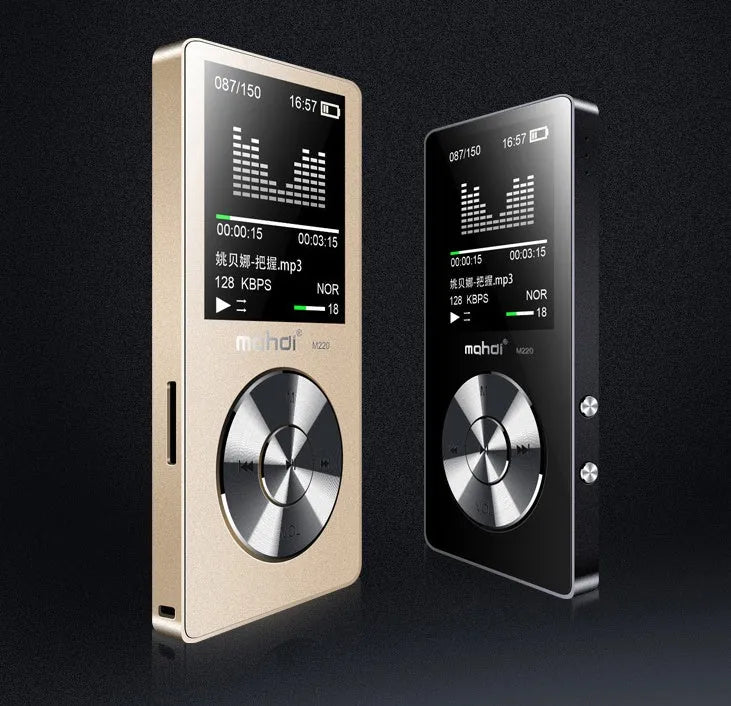 Gold all-metal MP3 music player with 1.8-inch screen showing menu, 3.5mm headphone jack, and control buttons.