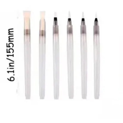 Cartoon wood pulp painting sponge set with heart, round, and square shapes next to six fountain pens