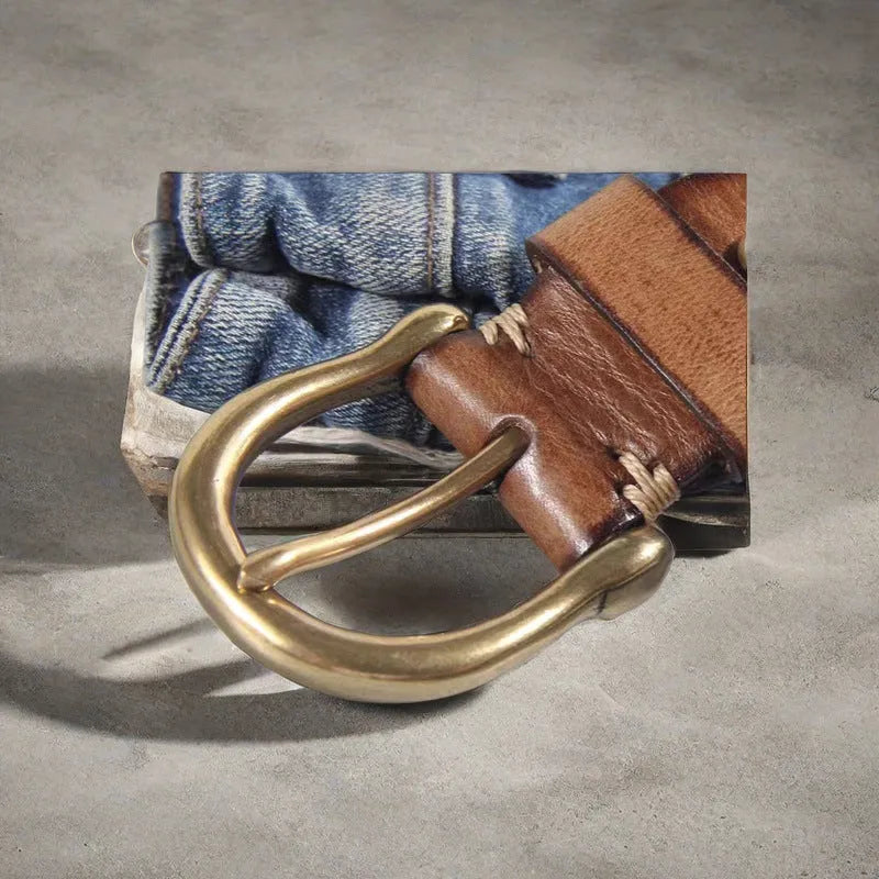 Men's casual jeans belt in black first layer cattlehide leather with a copper pin buckle.