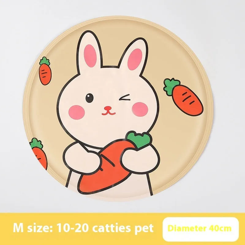 Round pet cooling mat with cartoon designs in beige bunny pattern showing cloth construction