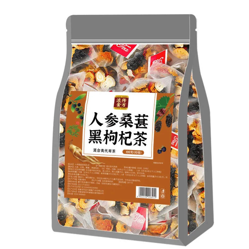 A bag of ginseng and black wolfberry tea containing 40 individual 5g sachets.