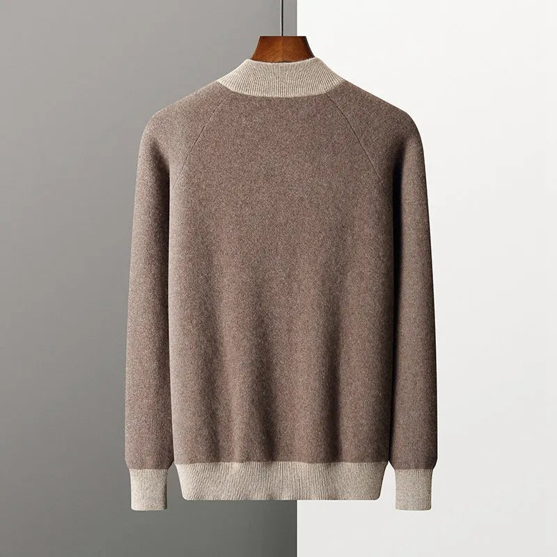 Men's camel cashmere blend half turtleneck zip-up cardigan suit with trousers