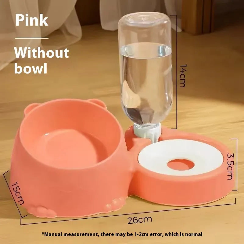 Double bowl automatic drinking pet feeder for cats with stainless steel ceramic reservoir and plastic base in assorted colours.