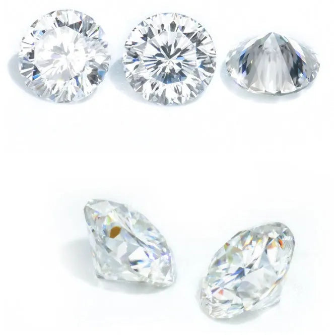 Round moissanite gemstone with eight hearts and eight arrows cut on a grey background.