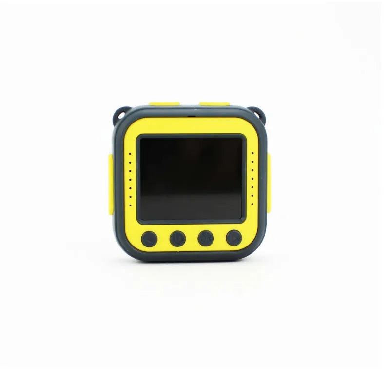 Yellow children's waterproof sports camera with compact design showing front view and control buttons