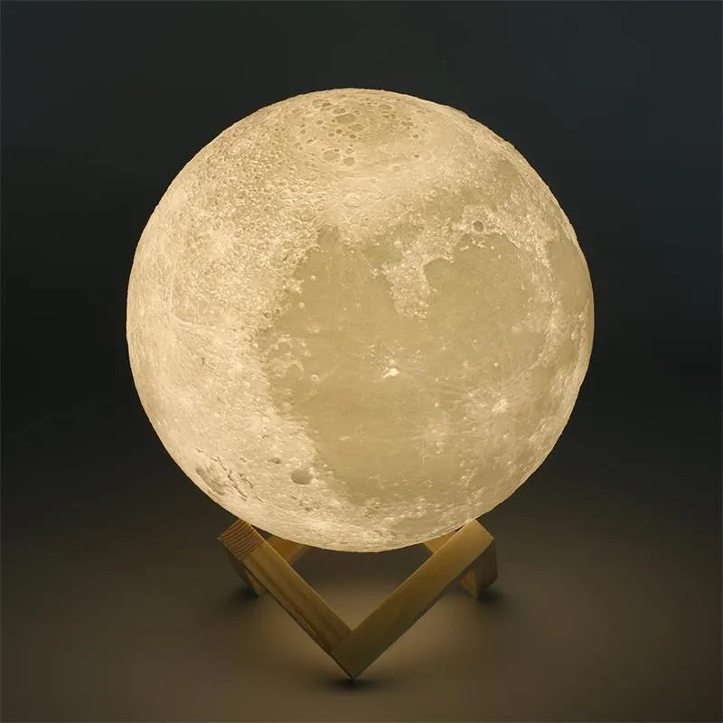 3D printed rechargeable moon lamp with touch ring control, shown in white and yellow light on a wooden holder.