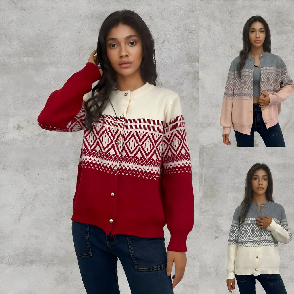 Women's long-sleeved grey alpaca wool cardigan with contrasting diamond knit pattern.
