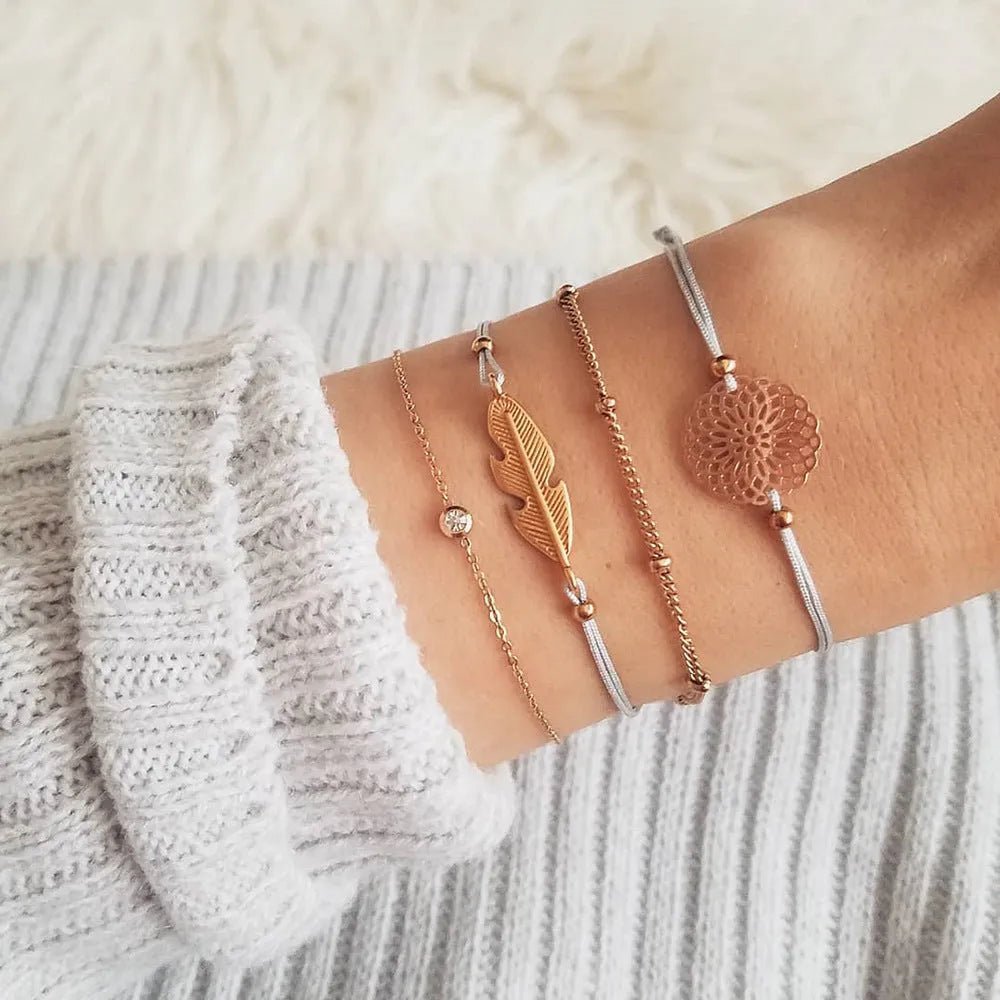 Bohemian bracelet set with alloy vintage bead and boho charm design in bow love style for women