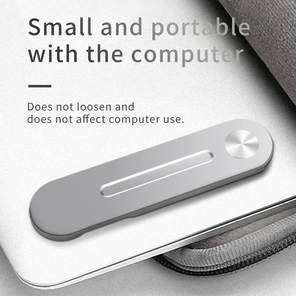 Silver aluminium bracket holding a mobile phone flush beside a laptop screen on a desk.