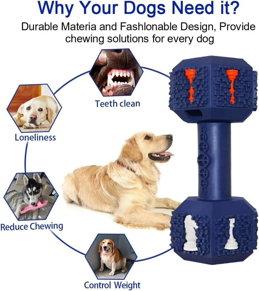 Blue hollow dumbbell-shaped dog chew toy with textured 3D surface particles.