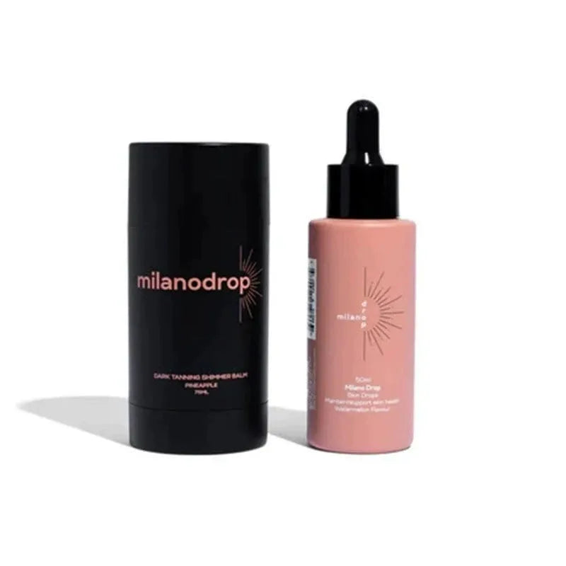 Black matte sun tanning liquid set showing 50ml tanning drops bottle and 75ml tanning flash cream bottle.