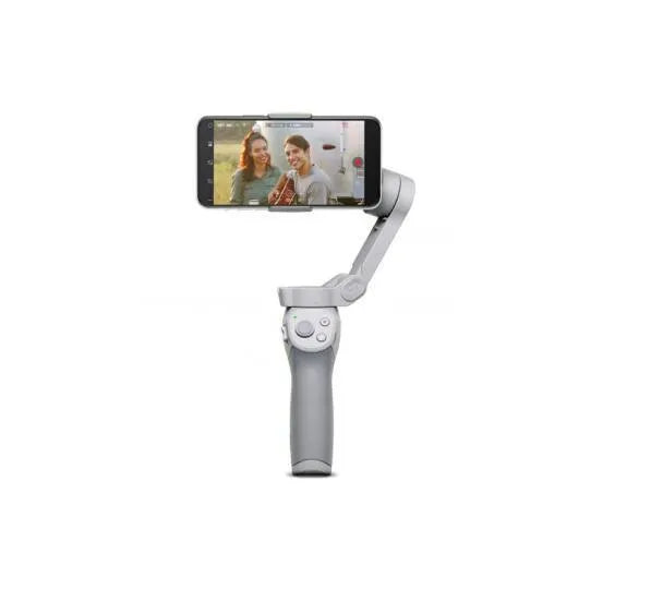 Silver and black magnetic PTZ gimbal for smartphones showing magnetic phone mount and control buttons.