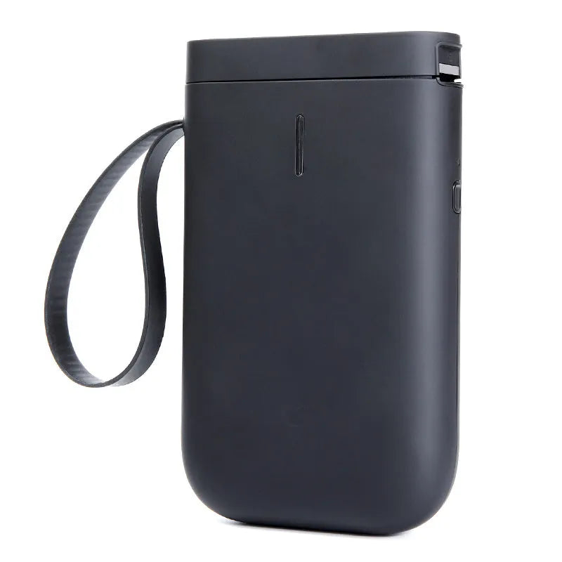 Compact D11 Bluetooth thermal label printer in black, white, pink, or green with smartphone showing label design app.