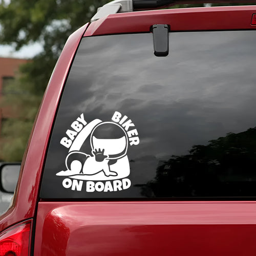 Reflective black and white Baby on Board car sticker measuring 14.5 by 15 centimetres.