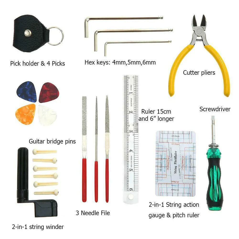 Black plastic and metal guitar repair kit for guitar, bass, mandolin, and banjo.