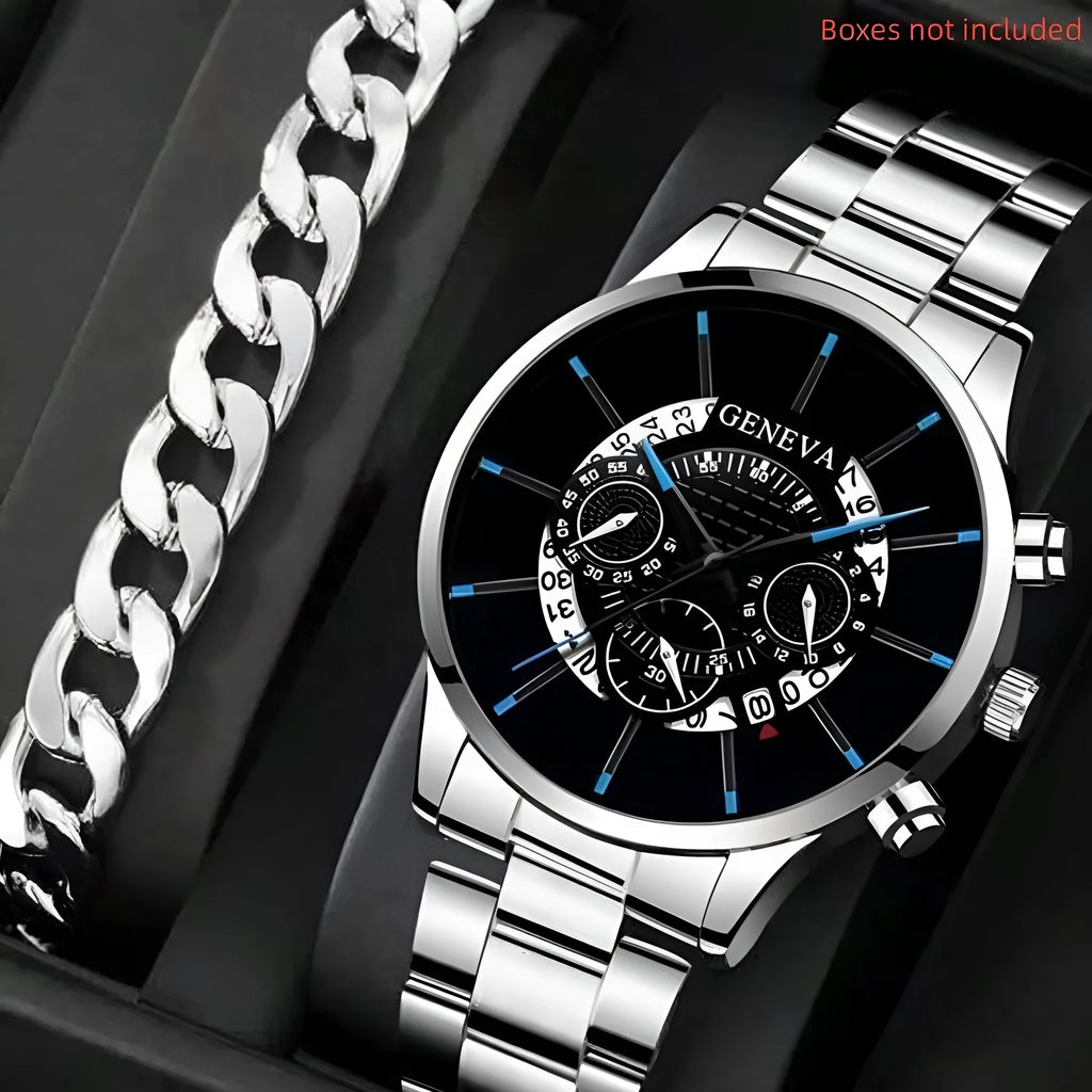 Men's calendar steel belt large dial quartz watch 40mm alloy case mineral glass silver black bracelet