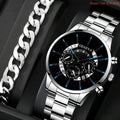 Men's calendar steel belt large dial quartz watch 40mm alloy case mineral glass silver black bracelet