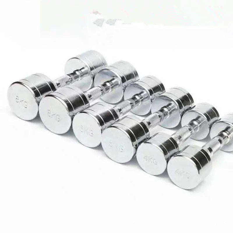 Silver pure steel electroplated dumbbell with ergonomic grip on a grey background.